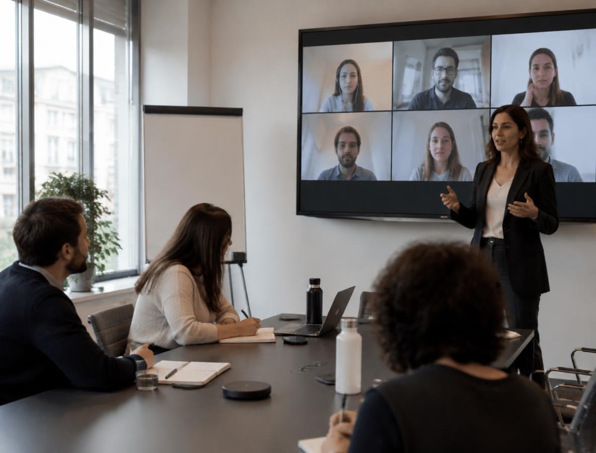 Lezione in aula collegata in videoconferenza con i partecipanti da remoto